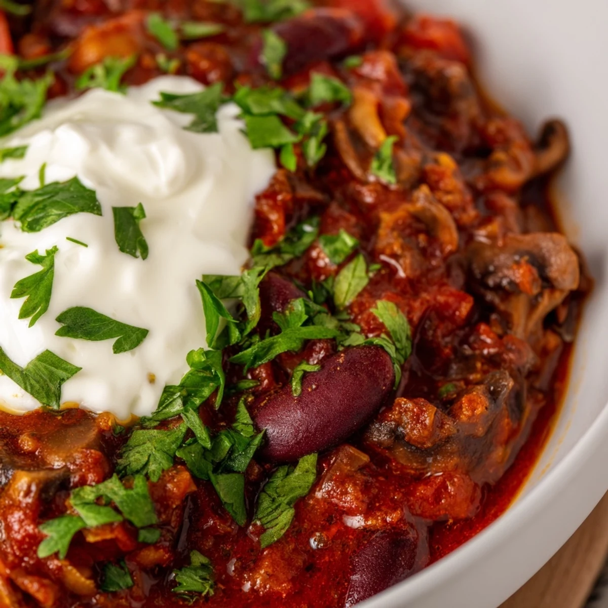 A hearty bowl of Chilli Mushroom Con Carne topped with sour cream and fresh cilantro leaves.