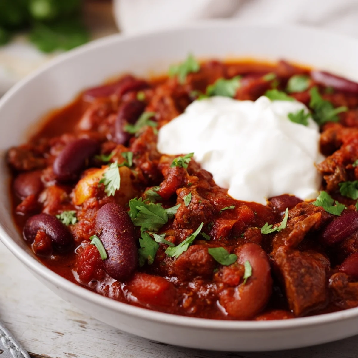 Serving suggestion of Chilli Mushroom Con Carne with lime wedges and crusty bread on the side.