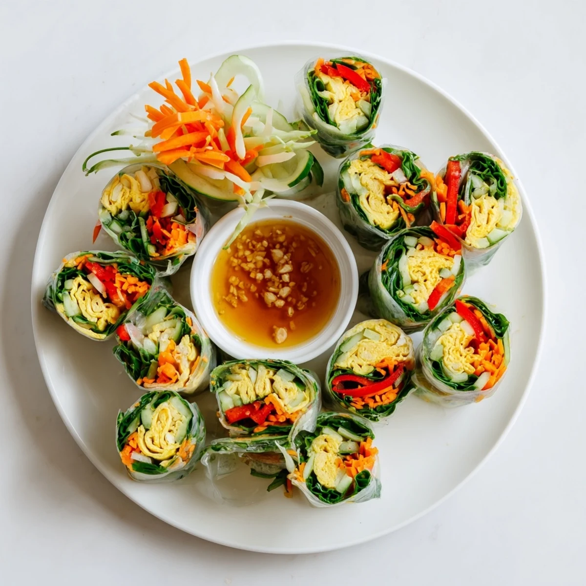 Fresh omelette spring rolls filled with crisp carrots and cucumbers, served with a savory dipping sauce.