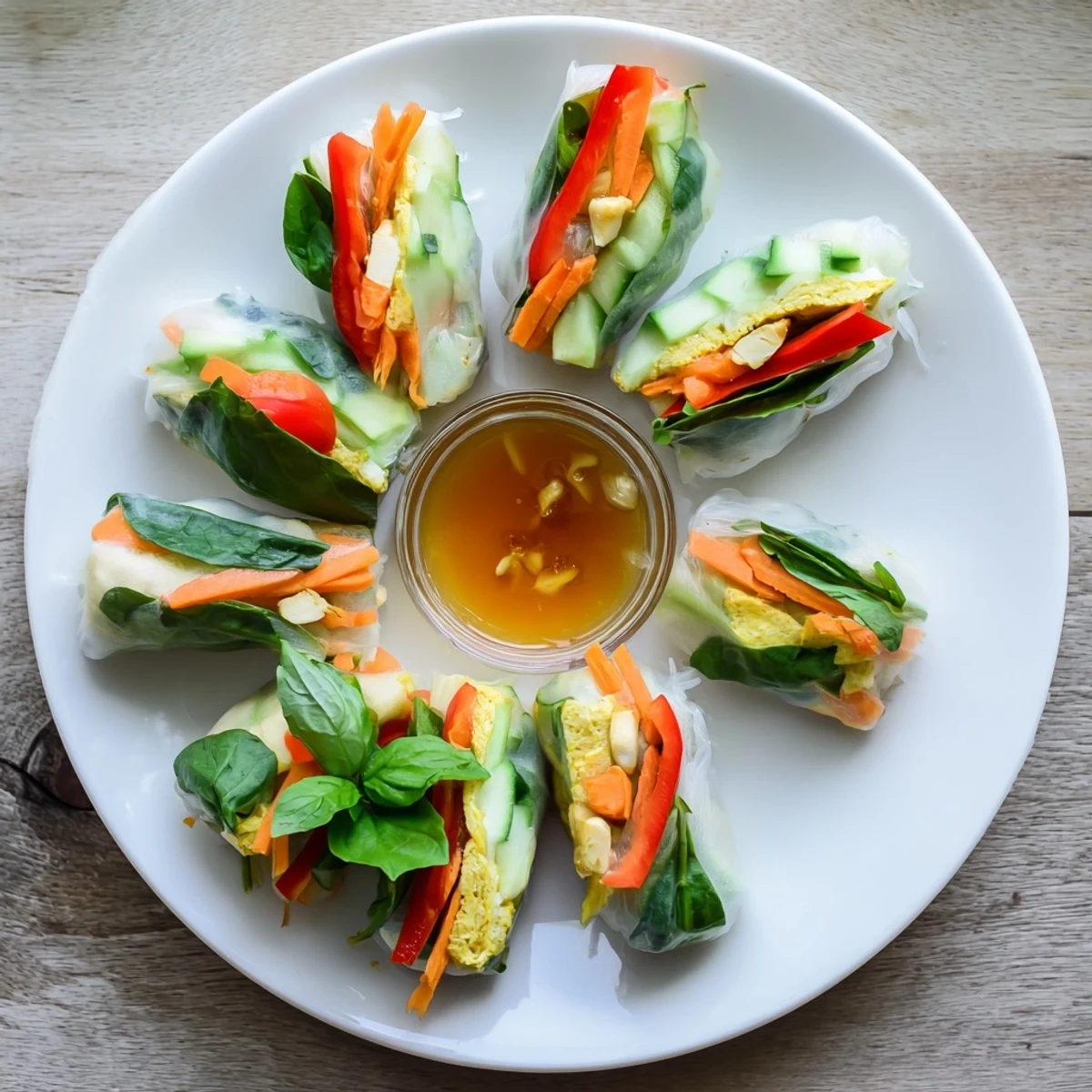 Omelette Spring Rolls stacked on a white plate, showcasing vibrant veggies and fresh herbs in rice paper.