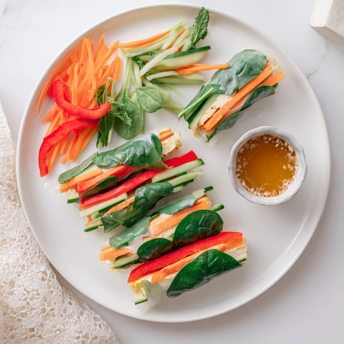 Delicate Omelette Spring Rolls arranged with a small bowl of soy-ginger sauce, perfect for a light appetizer.