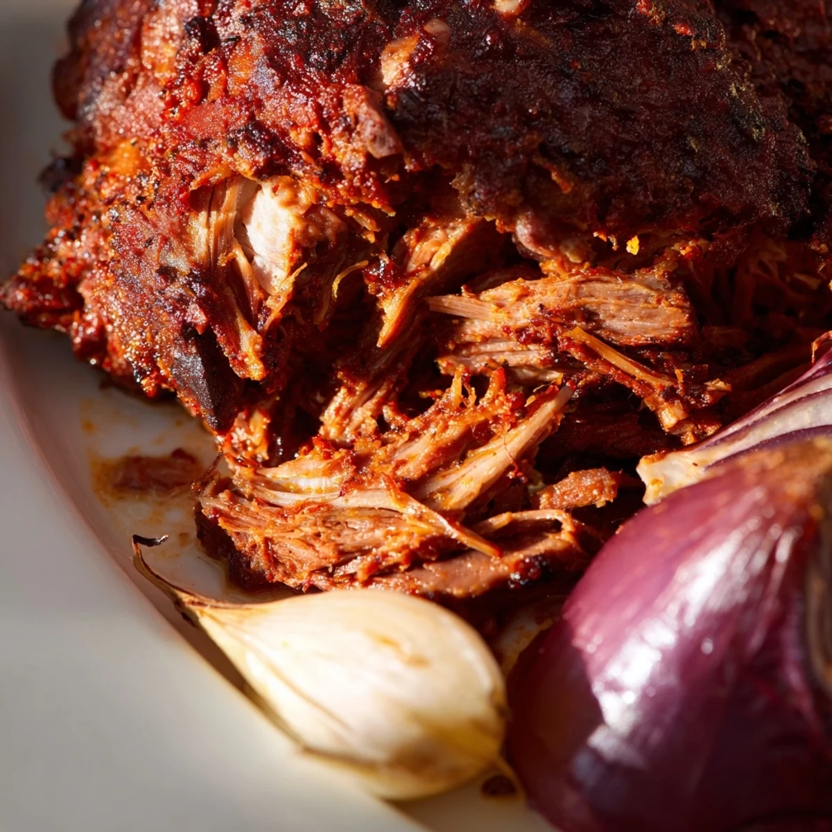 A close-up of juicy Slow Roasted Harissa Lamb Shoulder, garnished with fresh herbs and ready to serve.