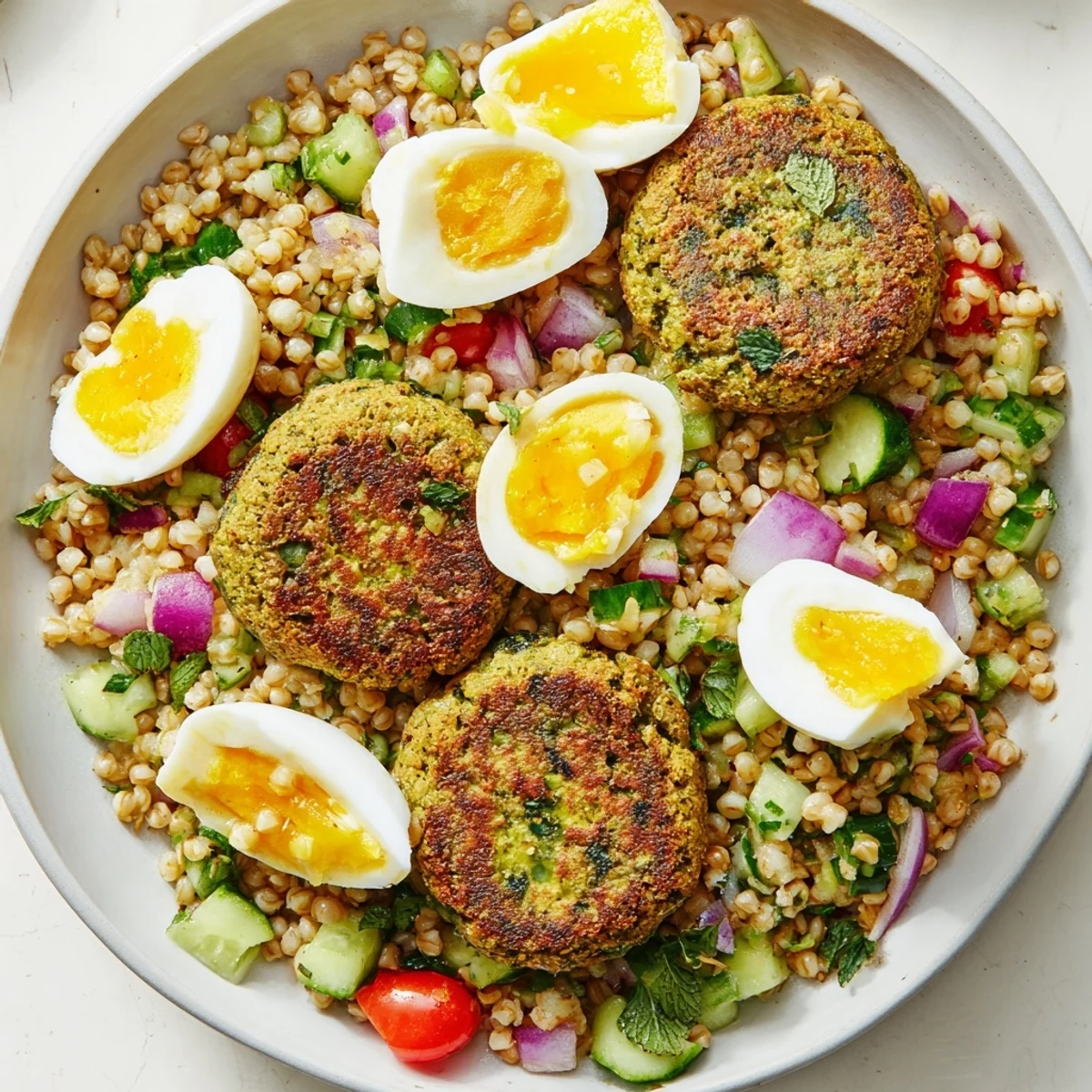 Savory broccoli falafels arranged over a fresh herb salad with buckwheat and hard-boiled eggs.