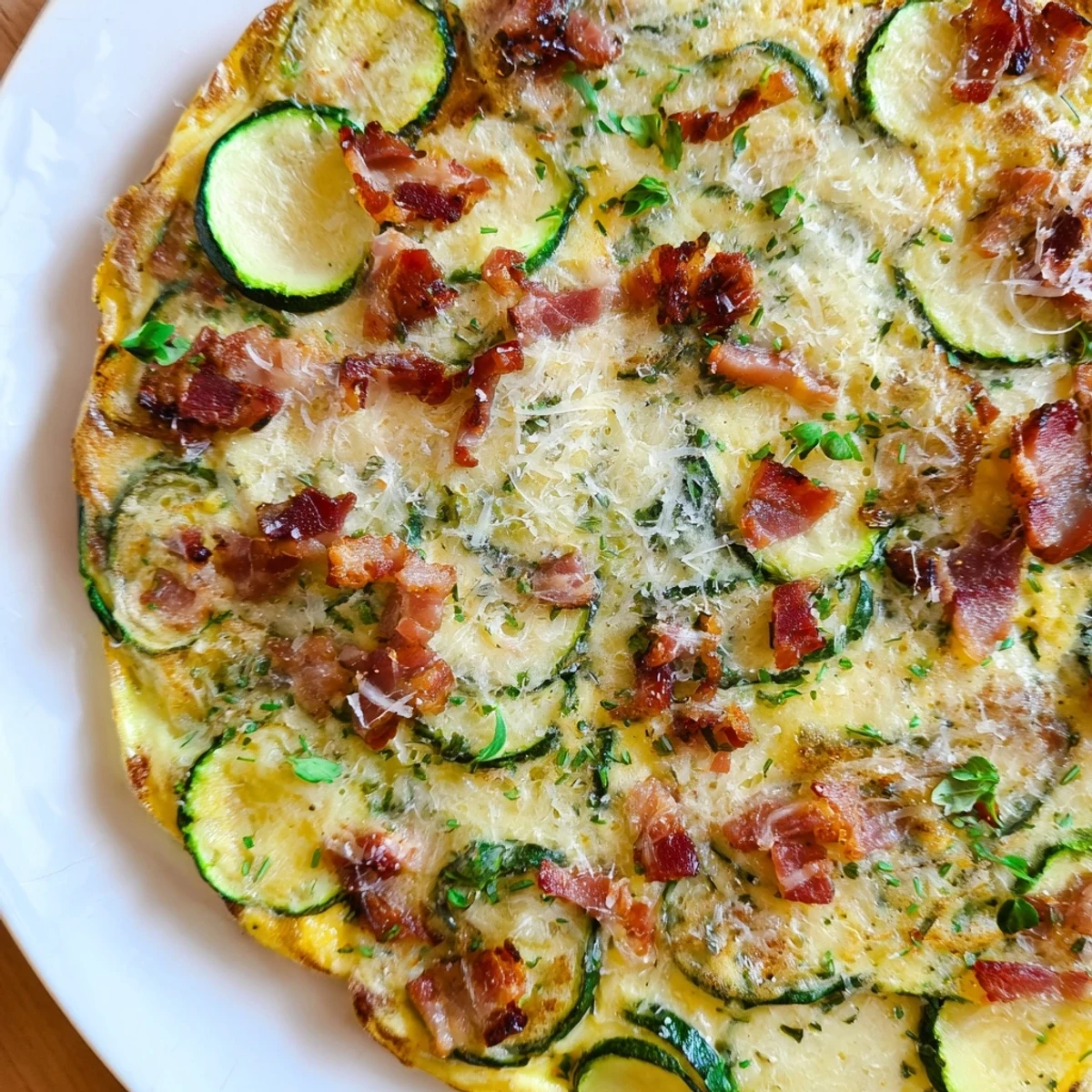 A slice of Zucchini Herb and Pancetta Frittata rests on a white plate, revealing tender zucchini and golden eggs.