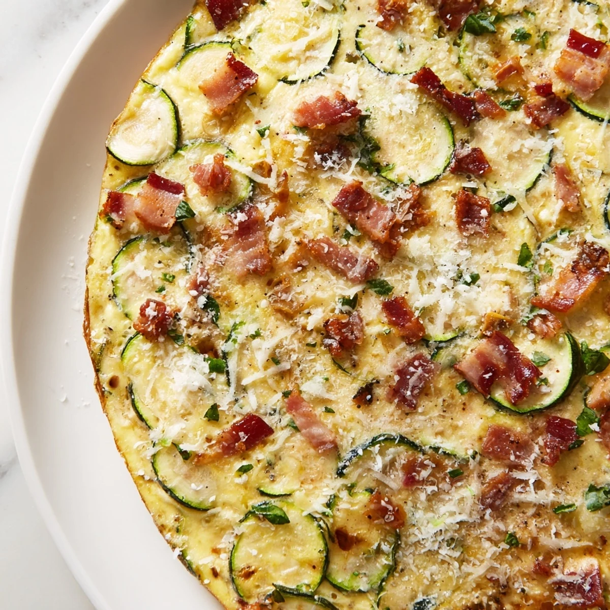Close-up of Zucchini Herb and Pancetta Frittata showing crispy pancetta pieces and soft zucchini in a fluffy egg base.
