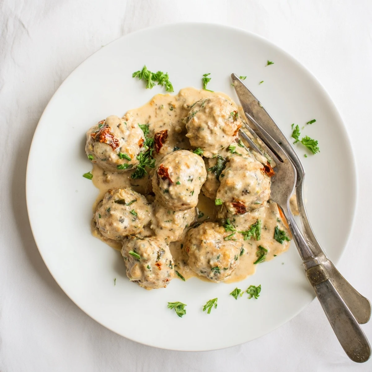 Golden-brown chicken and sun-dried tomato meatballs in a creamy mustard sauce, served over fluffy white rice for a hearty dinner.