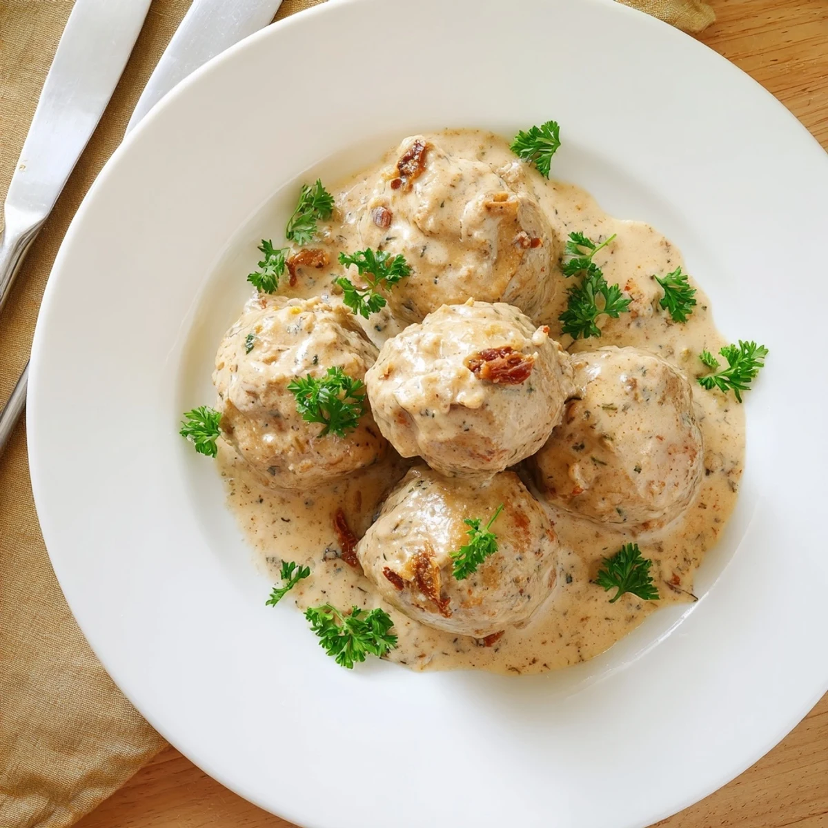 Tender meatballs made with sun-dried tomatoes and Parmesan, simmered in a tangy mustard cream sauce perfect with crusty bread.