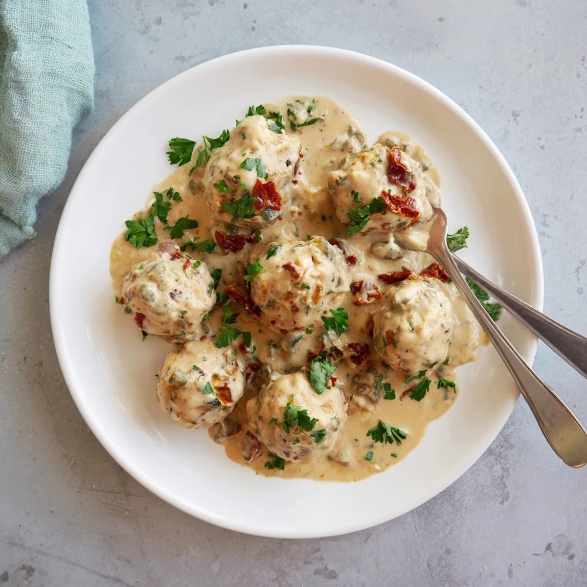 Close-up of juicy chicken and sun-dried tomato meatballs coated in a luscious creamy mustard sauce on a rustic plate.