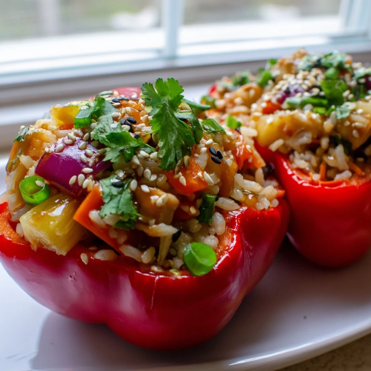 Bright orange bell peppers filled with fluffy rice, tender teriyaki chicken, and juicy pineapple, glazed and ready to serve.