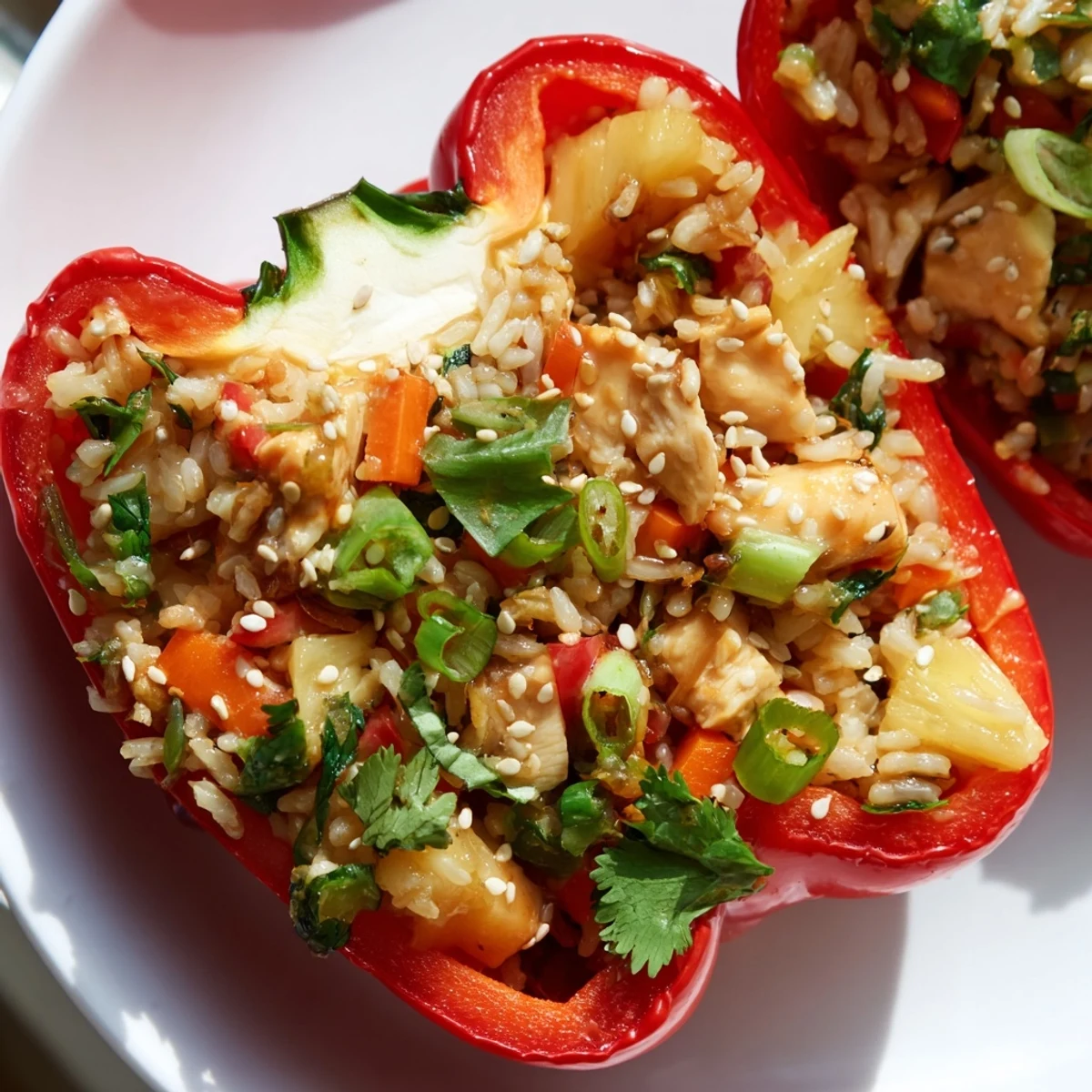 Teriyaki Pineapple Chicken and Rice Stuffed Peppers baked until tender with a sticky glaze and fresh green onion garnish.