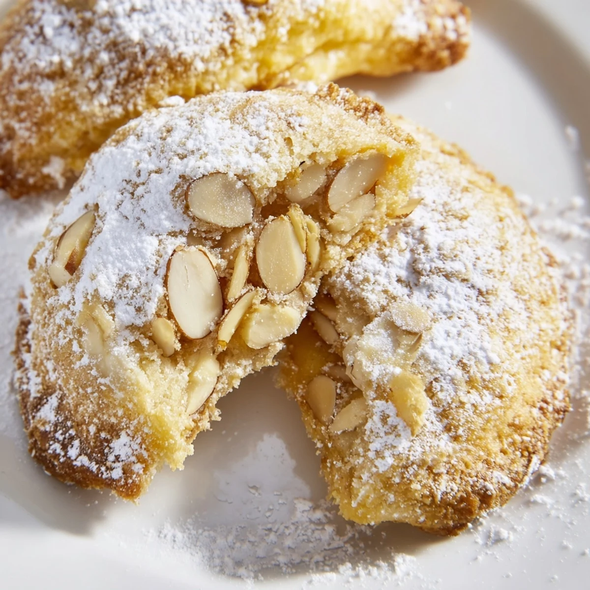 Almond Croissant Cookies displayed with golden edges, dusted in powdered sugar
