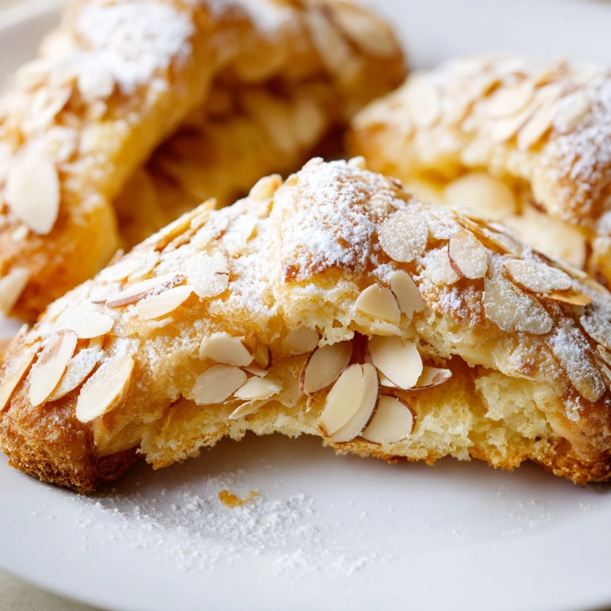 Freshly baked almond croissant cookies on a tray, served with steaming coffee nearby