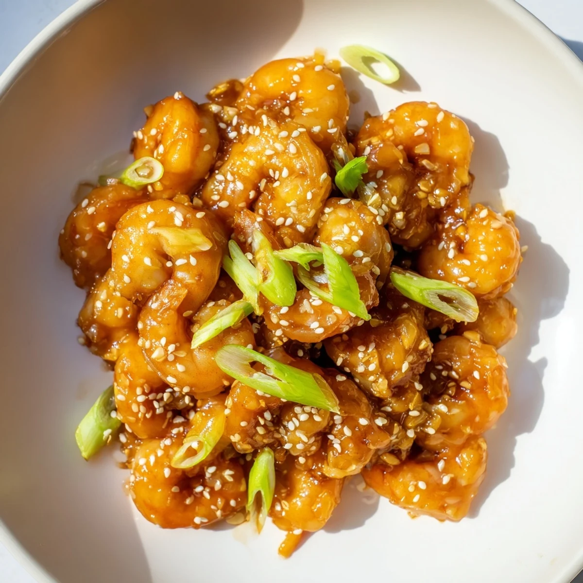 Juicy High Protein Honey Garlic Shrimp sizzling in a skillet, with a savory-sweet sauce and a sprinkle of sesame seeds.