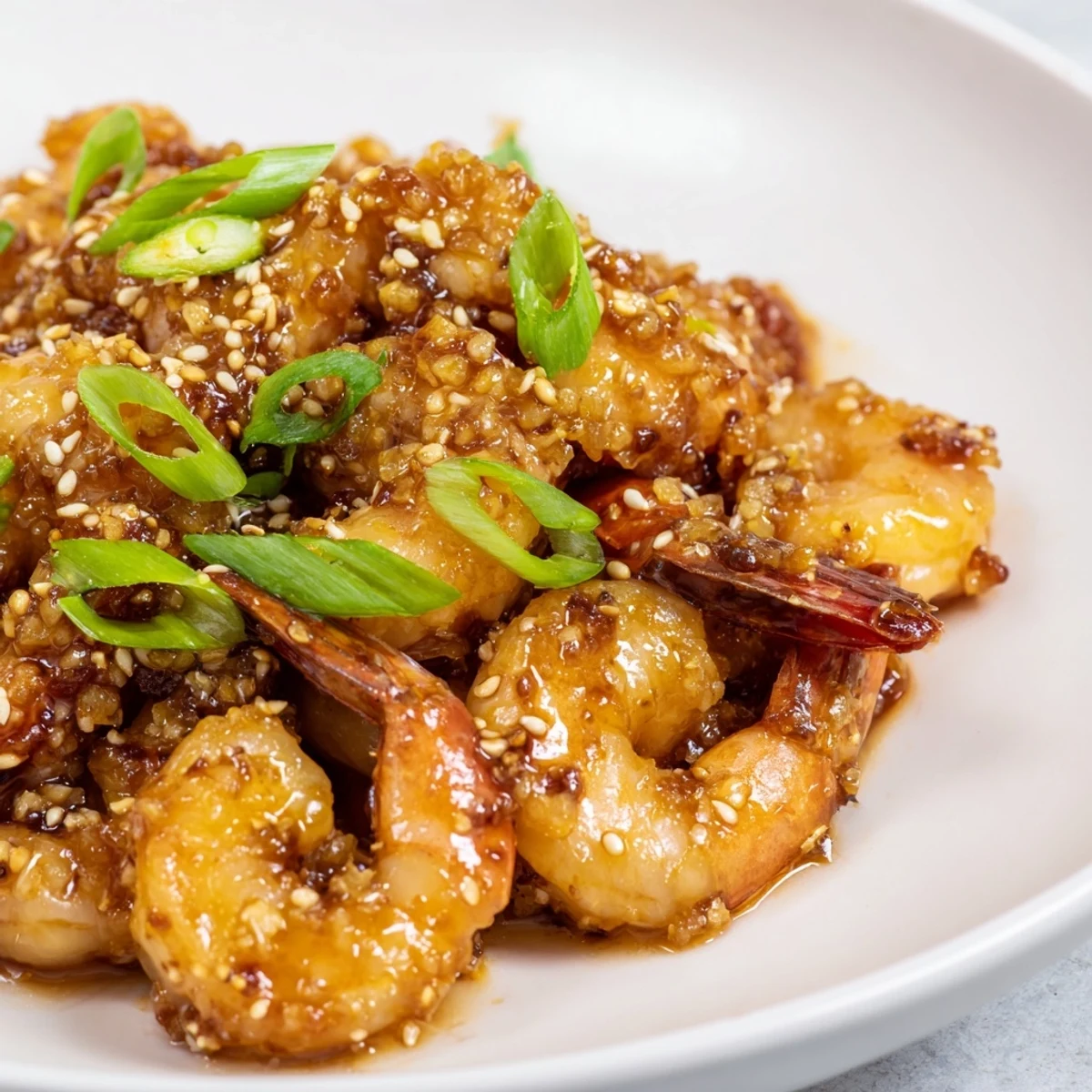 Close-up of High Protein Honey Garlic Shrimp showing glossy glaze and tender texture, ready to serve as a healthy dinner.