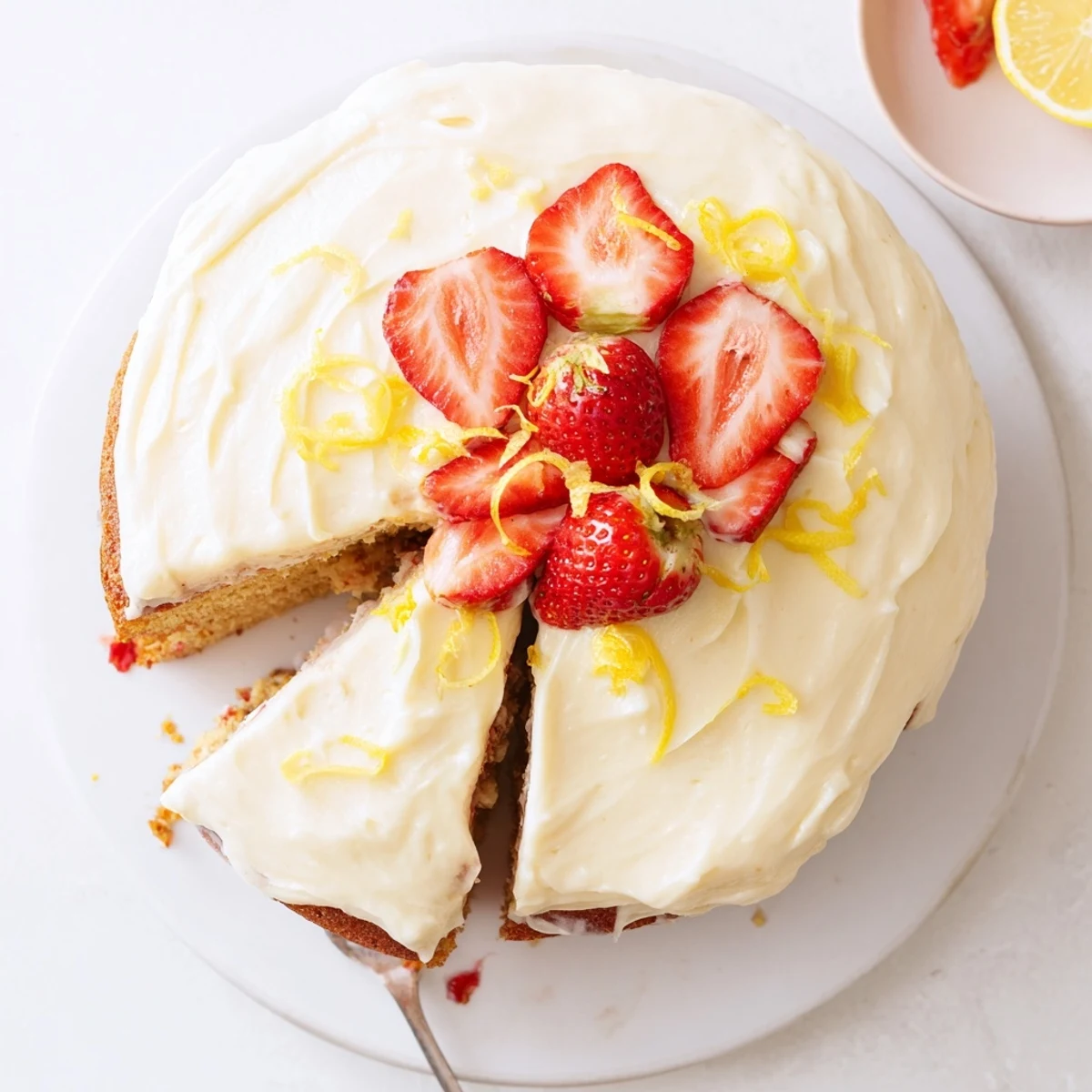 Moist, pink-hued layers of Strawberry Lemonade Cake With Creamy Lemon Buttercream are stacked with tangy frosting and fresh fruit garnish.