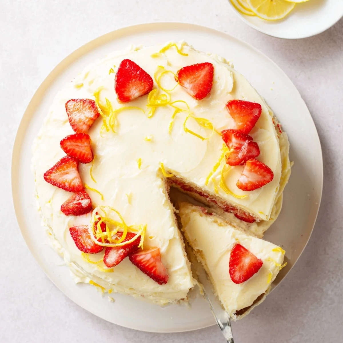 Brightly frosted Strawberry Lemonade Cake With Creamy Lemon Buttercream topped with fresh strawberry halves and lemon zest curls.