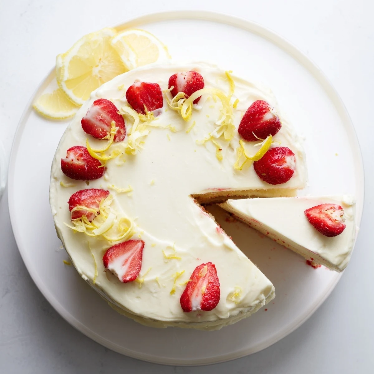 A slice of Strawberry Lemonade Cake With Creamy Lemon Buttercream served on a white plate, beside a refreshing glass of lemonade.
