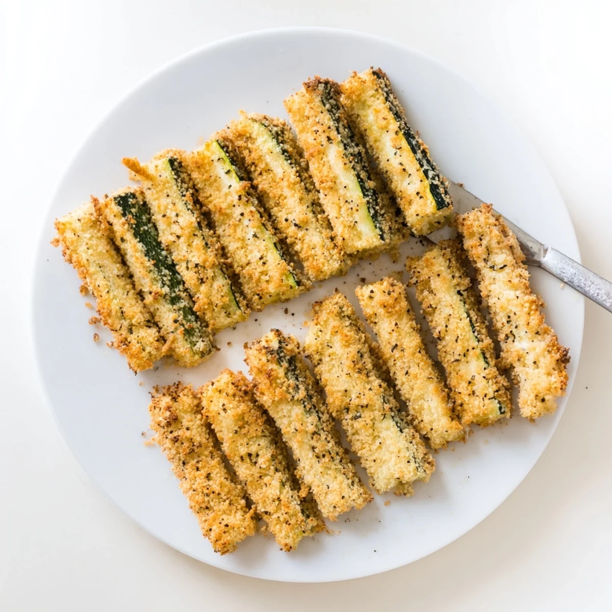 Golden-brown Keto Baked Parmesan Zucchini Fries resting on a rustic wooden board.