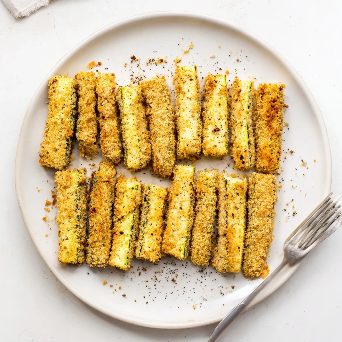 Close-up of golden Keto Baked Parmesan Zucchini Fries with a tender zucchini interior.
