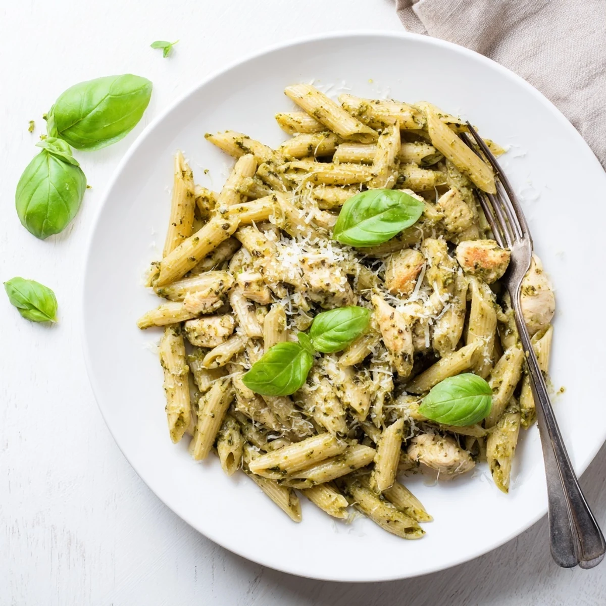 Creamy Pesto Chicken Pasta features juicy golden chicken pieces tossed with al dente penne in a rich, garlicky basil pesto cream sauce, garnished with fresh basil leaves. 