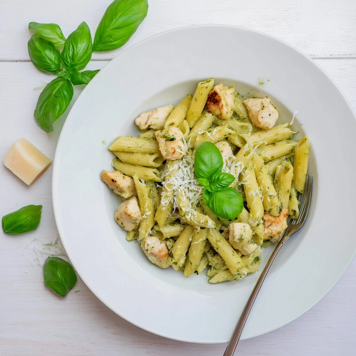 Close-up view of Creamy Pesto Chicken Pasta with strands of Parmesan cheese melting into a luscious green pesto sauce and steaming aroma rising from the bowl.