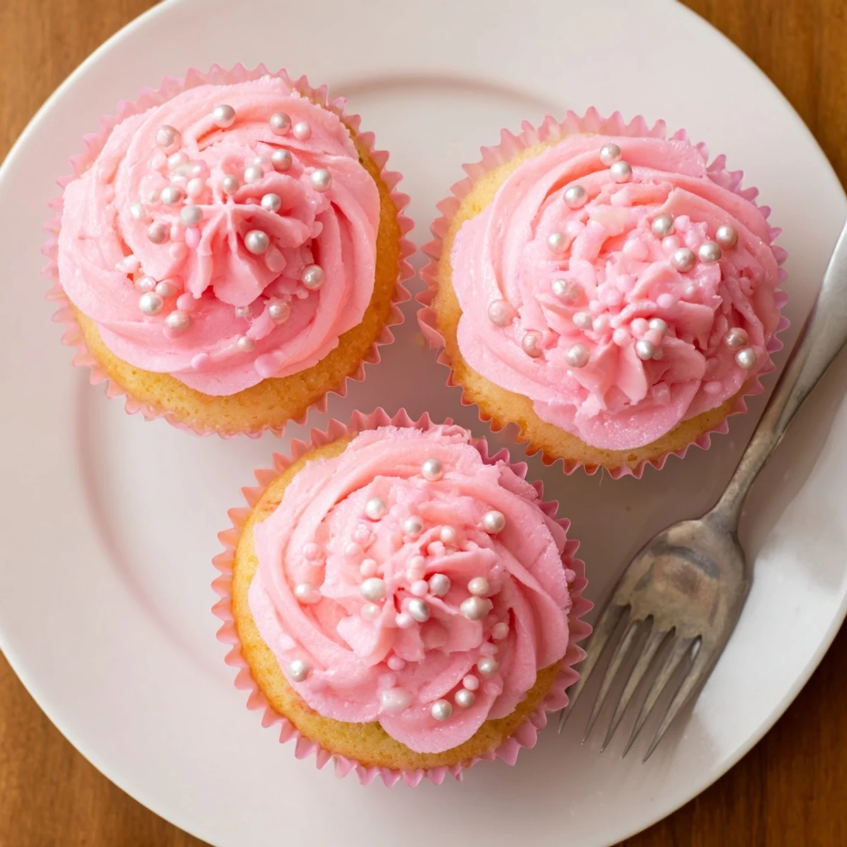 A single Girl Baby Shower Cupcake with smooth pink frosting and a delicate pearl garnish on a pastel plate.  