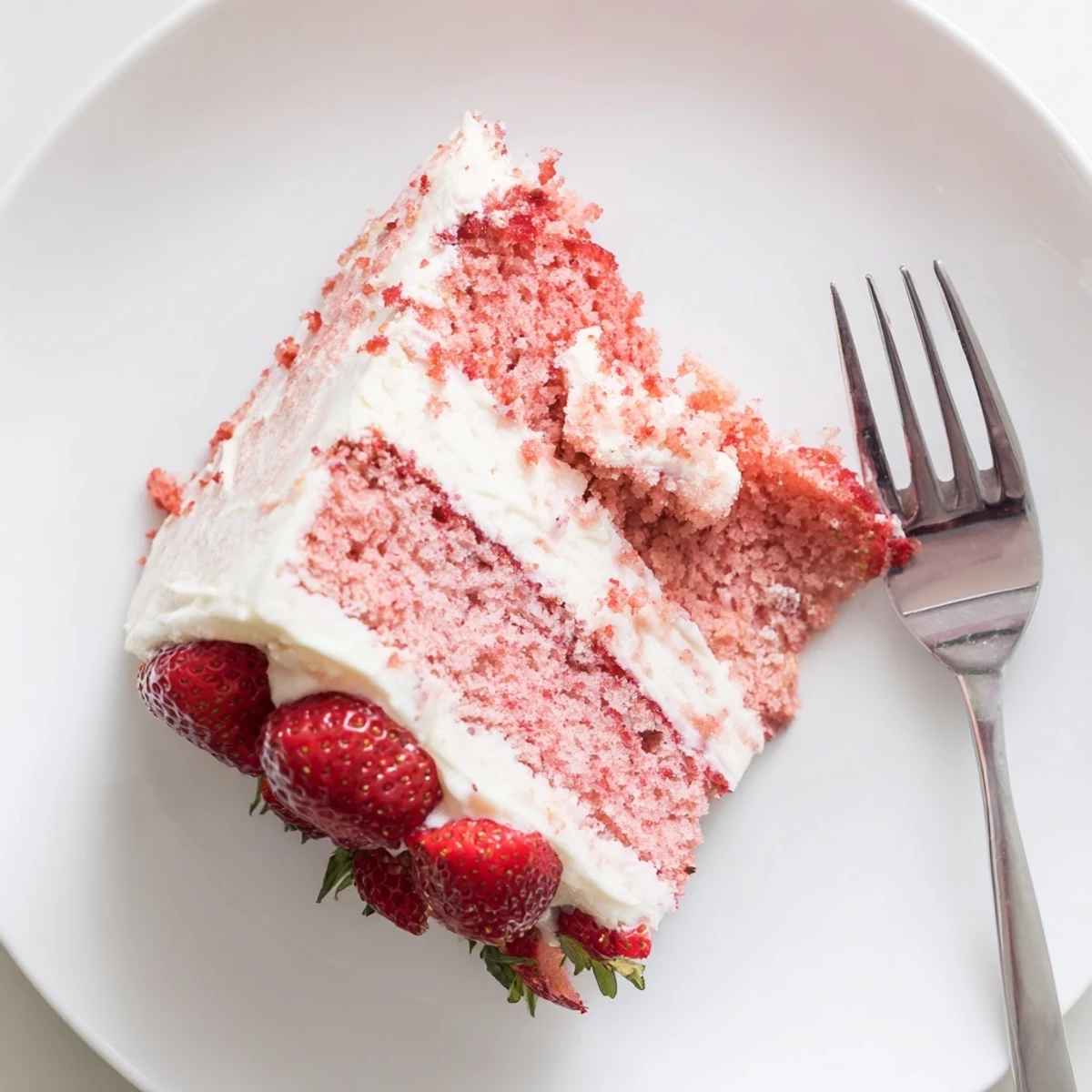 A close-up of moist Strawberry Velvet Cake layers spread with creamy strawberry cream cheese frosting and fresh berry halves.