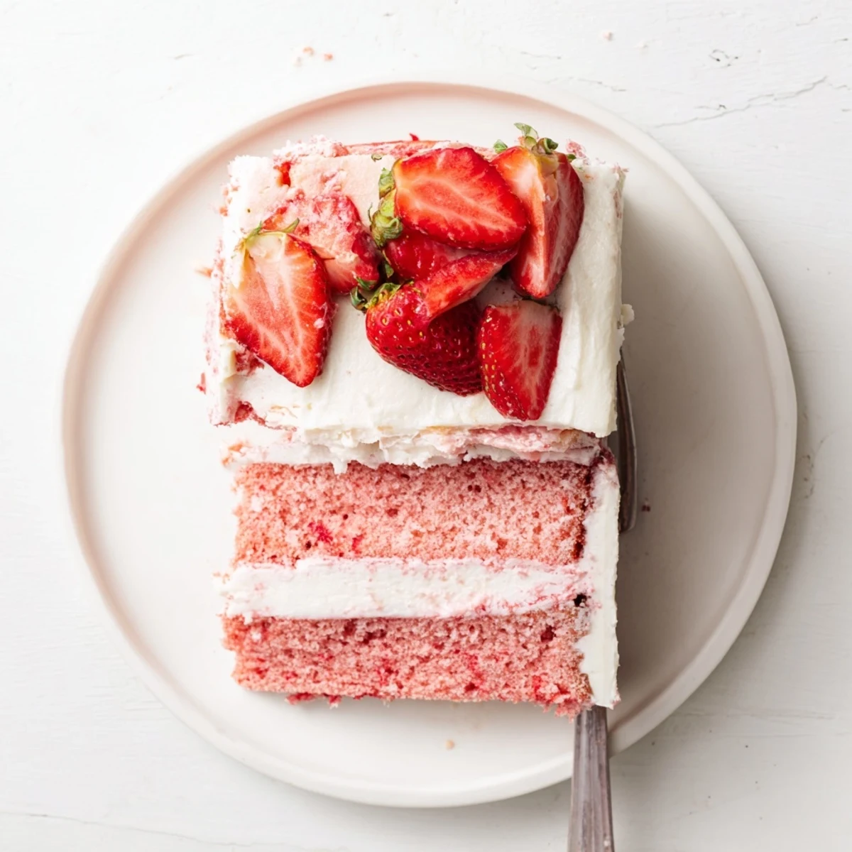 A slice of Strawberry Velvet Cake on a white plate, showing tender pink crumb and glossy frosting beside whole berries.