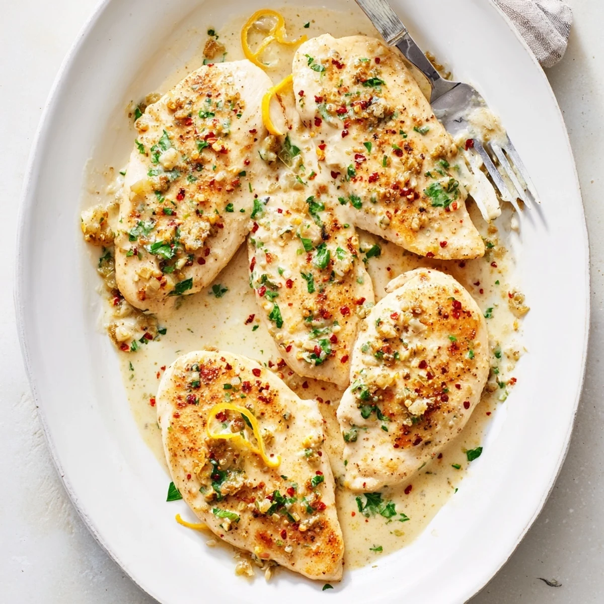 Four golden chicken breasts smothered in a creamy Parmesan lemon chicken sauce, garnished with fresh parsley and lemon zest.