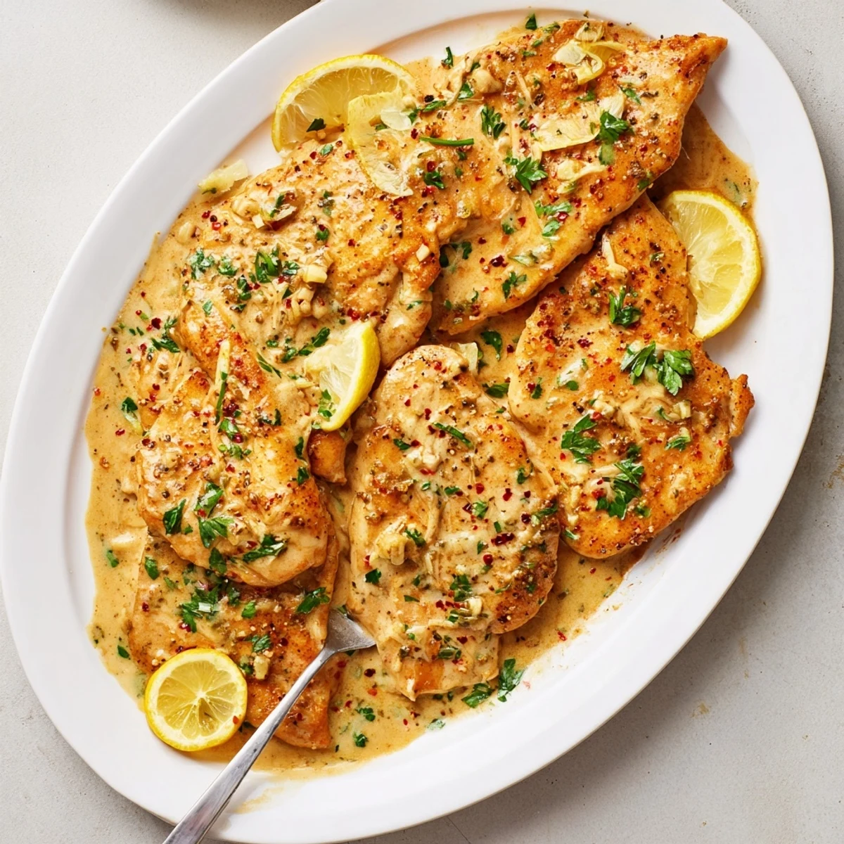 Close-up of creamy Parmesan lemon chicken plated over pasta, highlighting the rich texture and bright citrus notes.