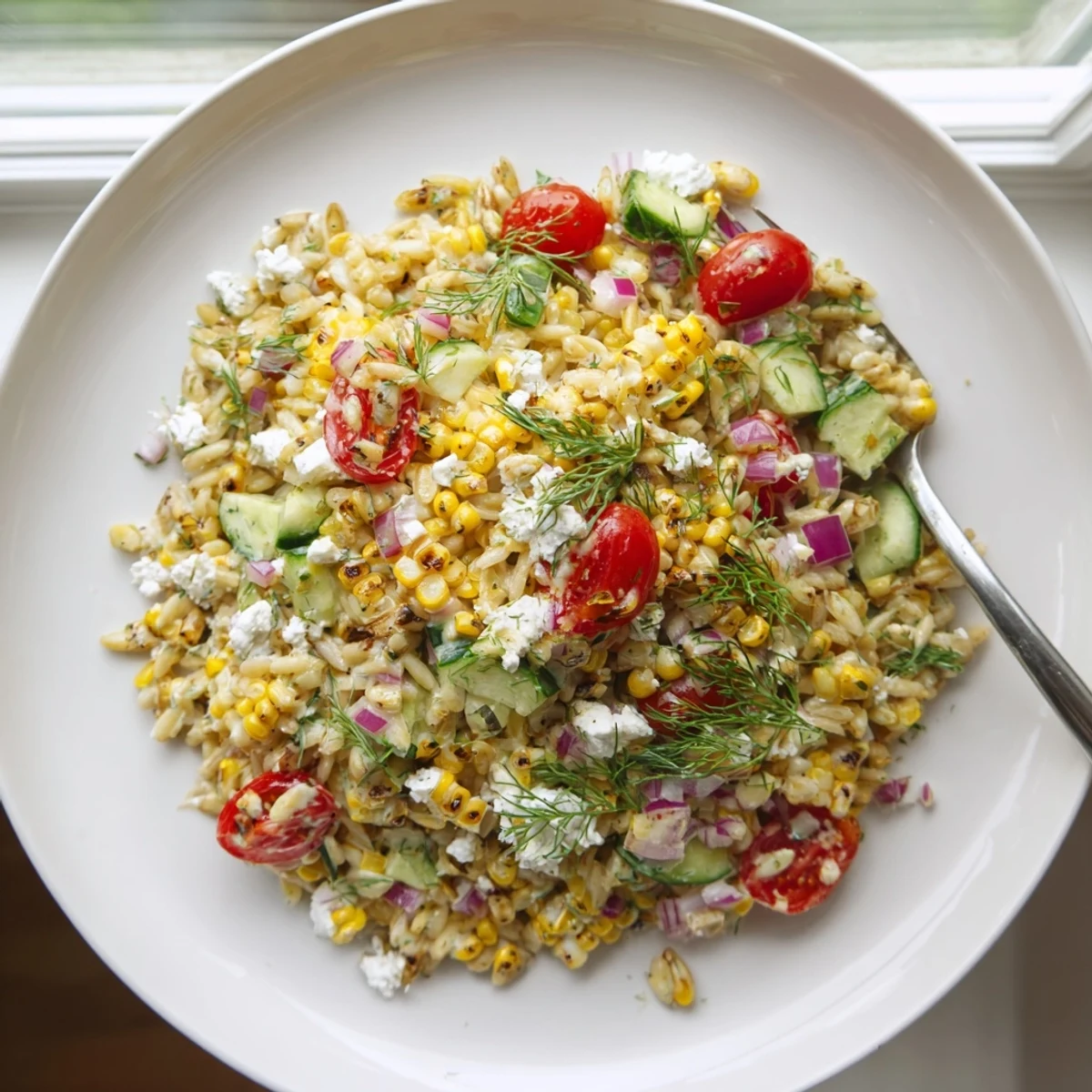 Charred grilled corn kernels and tender orzo tossed with crisp cucumber and tomatoes in scallion dill dressing. 