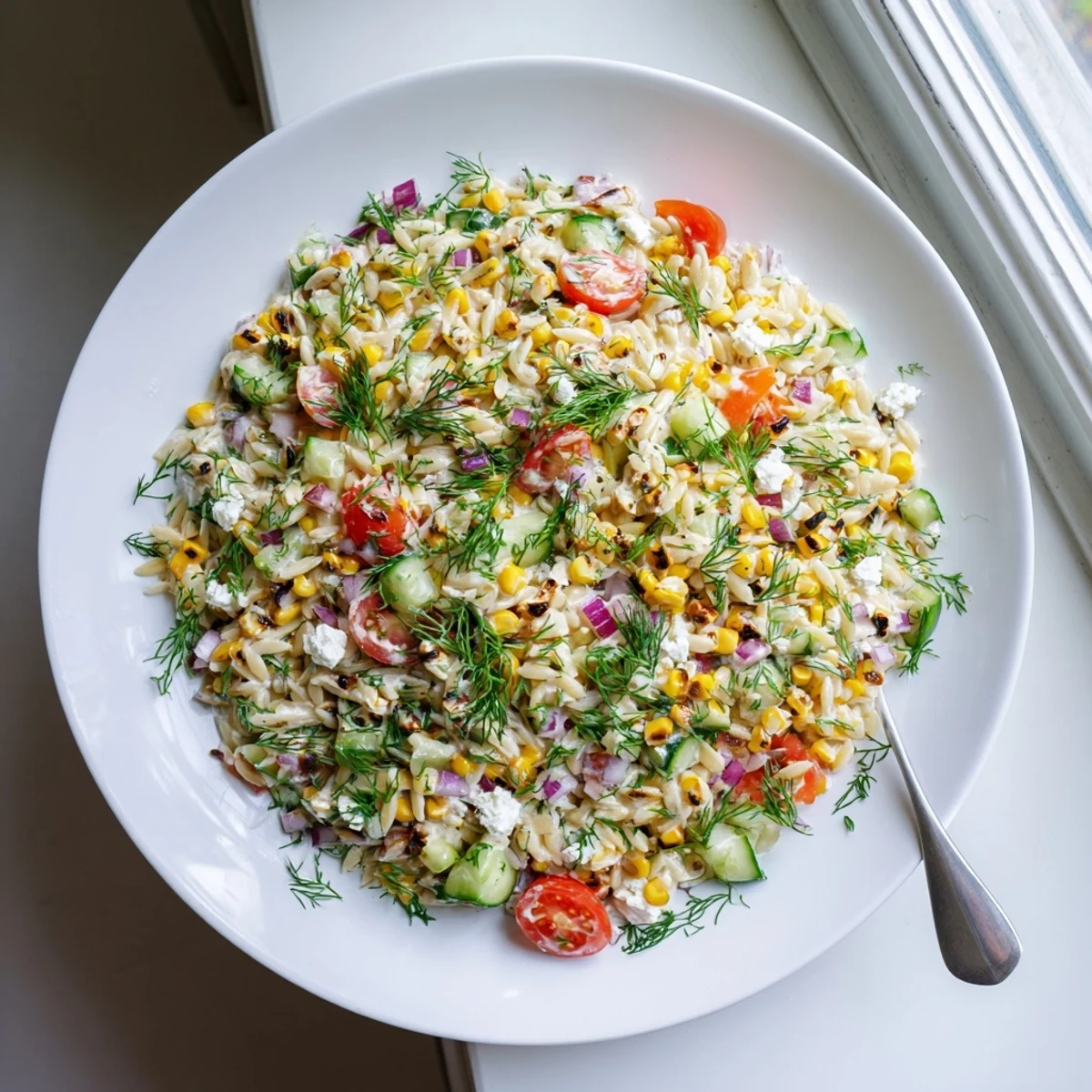 A colorful Grilled Corn Orzo Salad with fresh dill, red onion, and feta crumbles served on a white plate. 