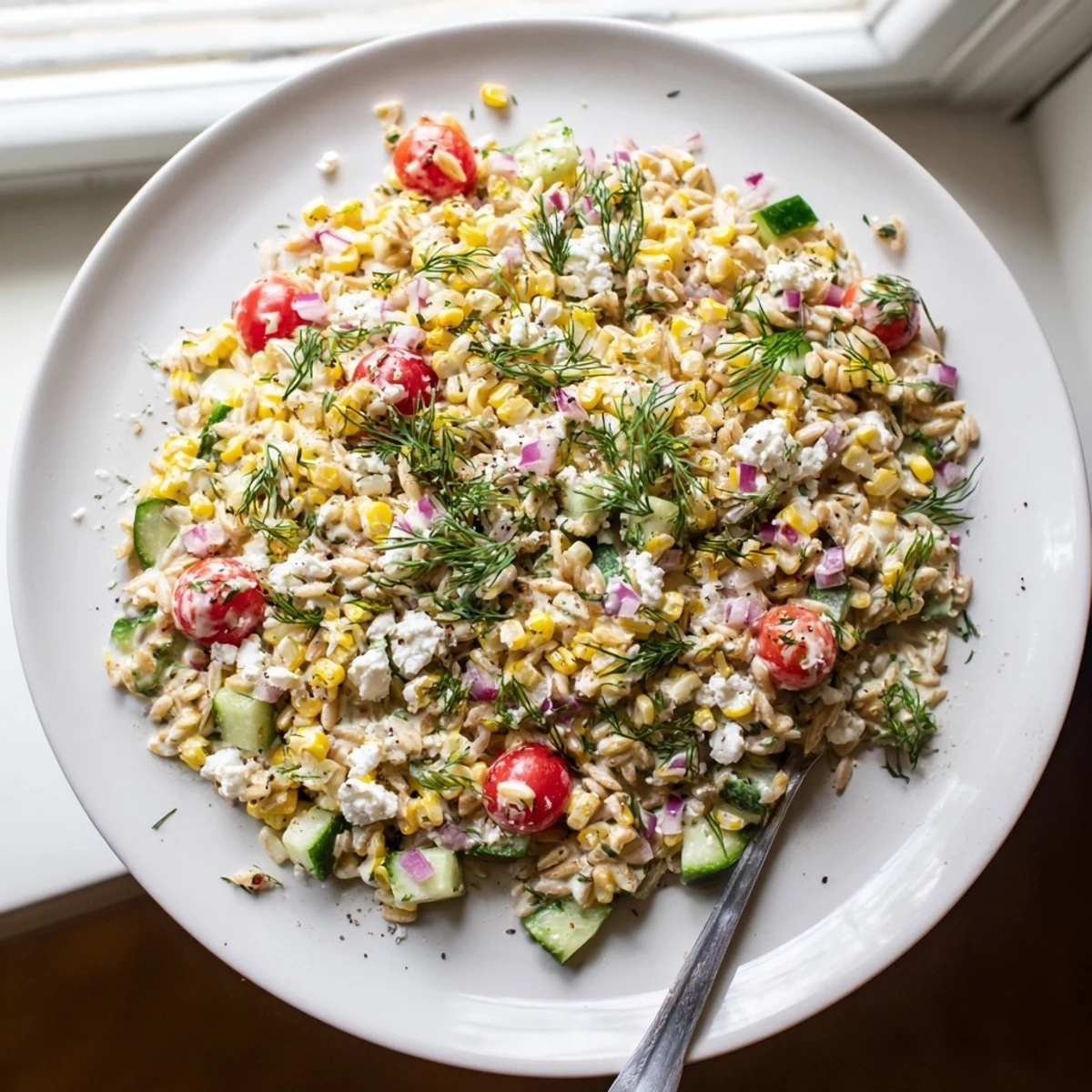 Zesty scallion dill dressing coats warm grilled corn and orzo salad with cherry tomatoes and cucumber for summer.