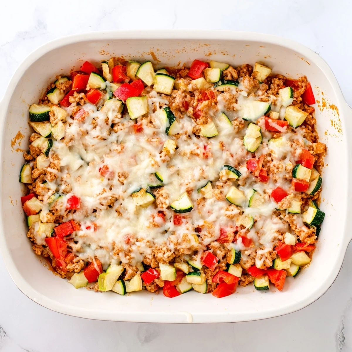 Freshly baked Easy Ground Turkey Zucchini Casserole from the oven with melted mozzarella and Parmesan cheese bubbling on top.