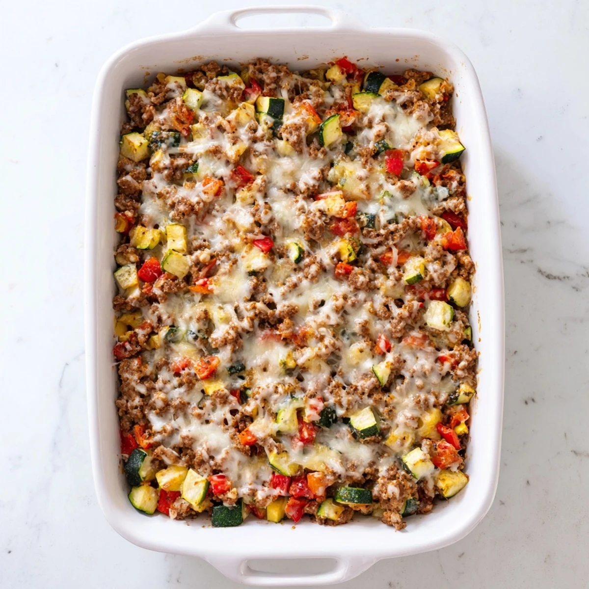 A close-up view shows golden brown cheese crust over ground turkey and tender zucchini in a casserole dish.