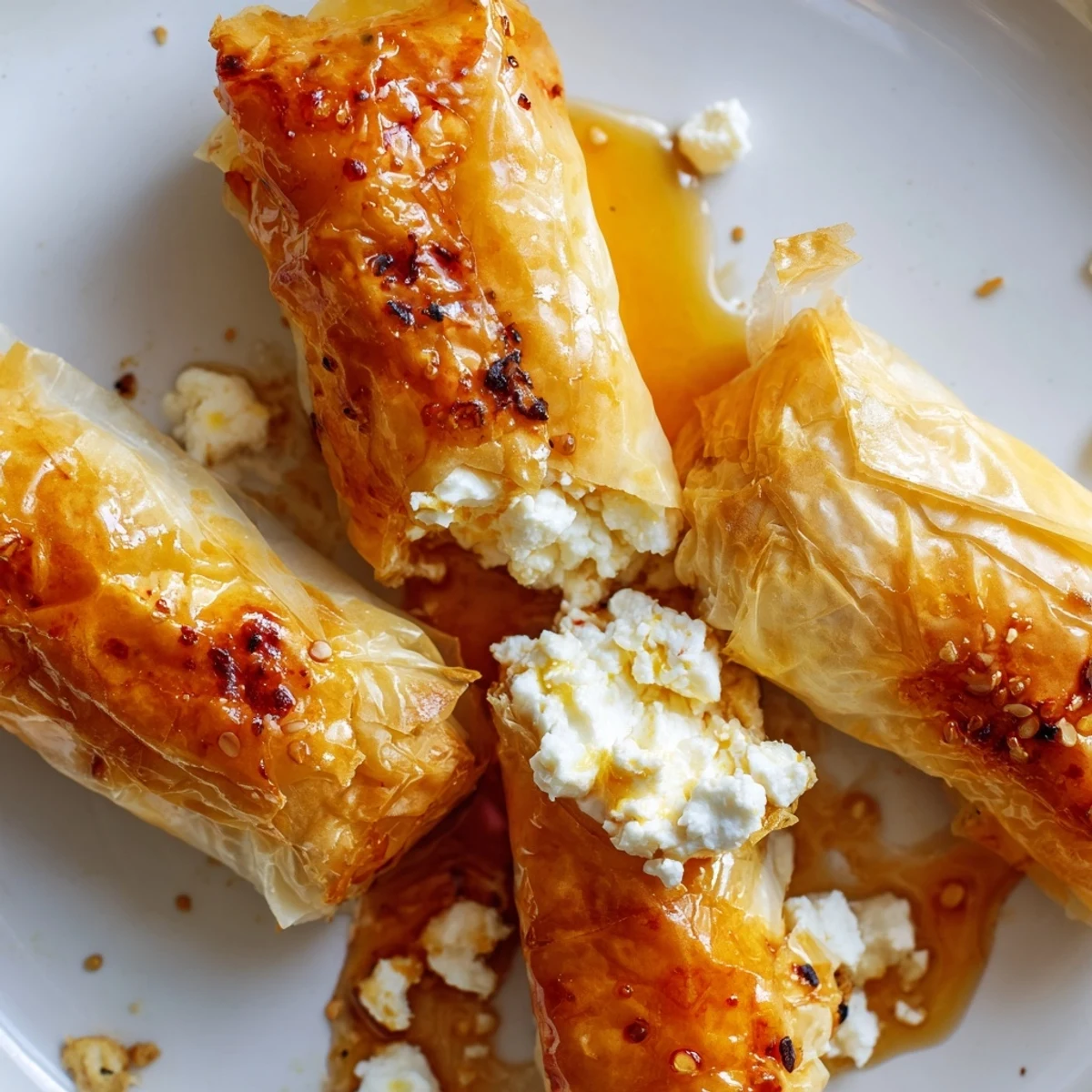 Crispy golden-baked Oven Fried Feta Rolls with Spicy Chili Honey drizzle on a platter with fresh herbs.