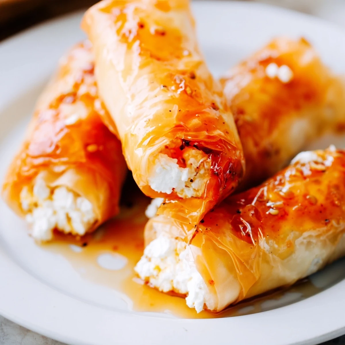 A close-up of Oven Fried Feta Rolls with Spicy Chili Honey, revealing flaky phyllo and creamy filling.