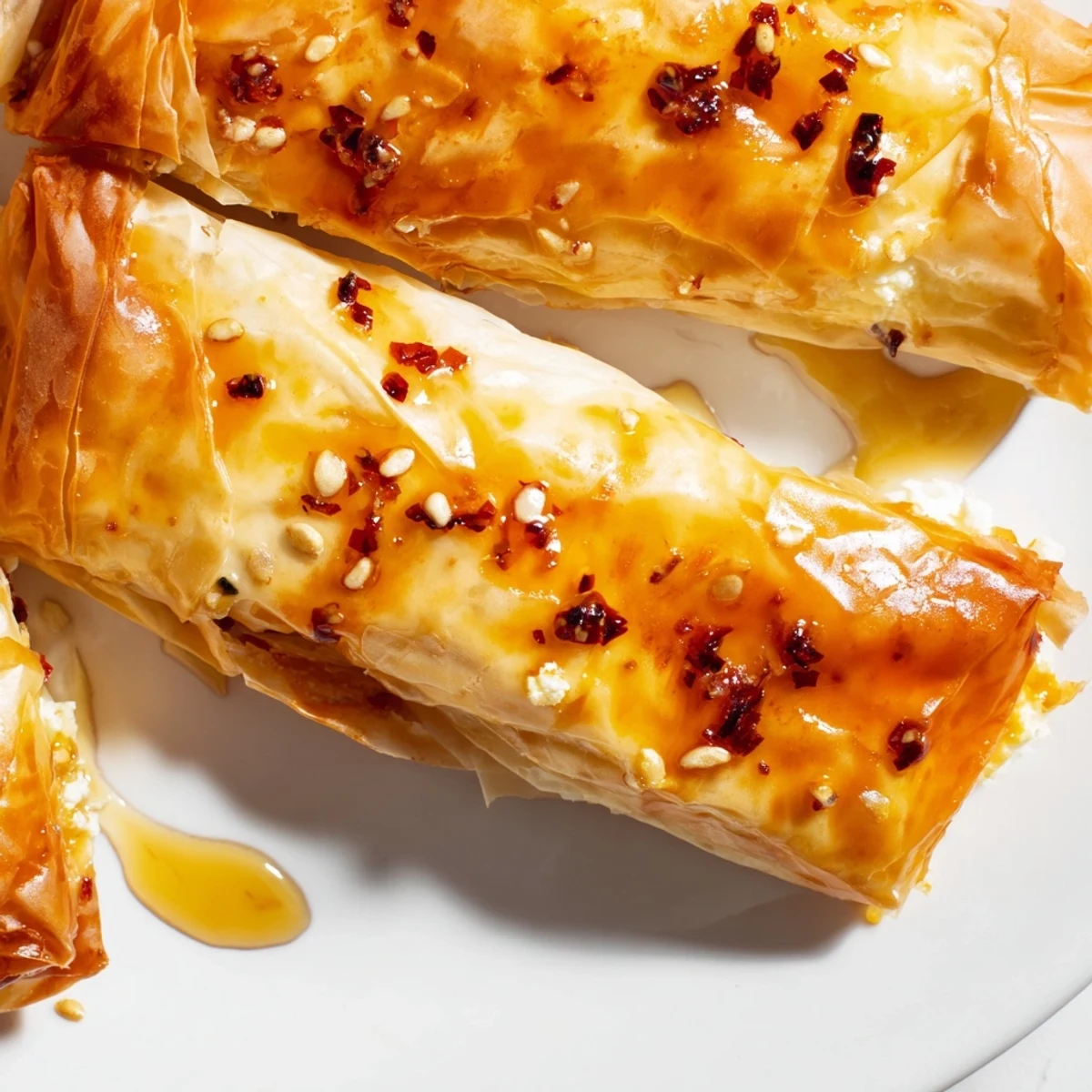 Freshly baked Oven Fried Feta Rolls with Spicy Chili Honey served warm, paired with a dipping bowl.