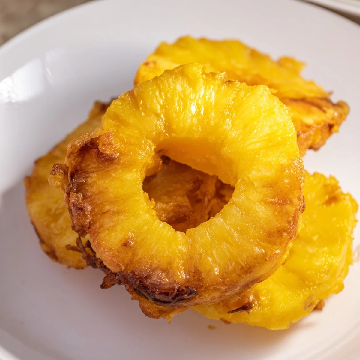 Golden Fried Pineapple rings, crispy and caramelized, served warm with a drizzle of honey and toasted coconut.