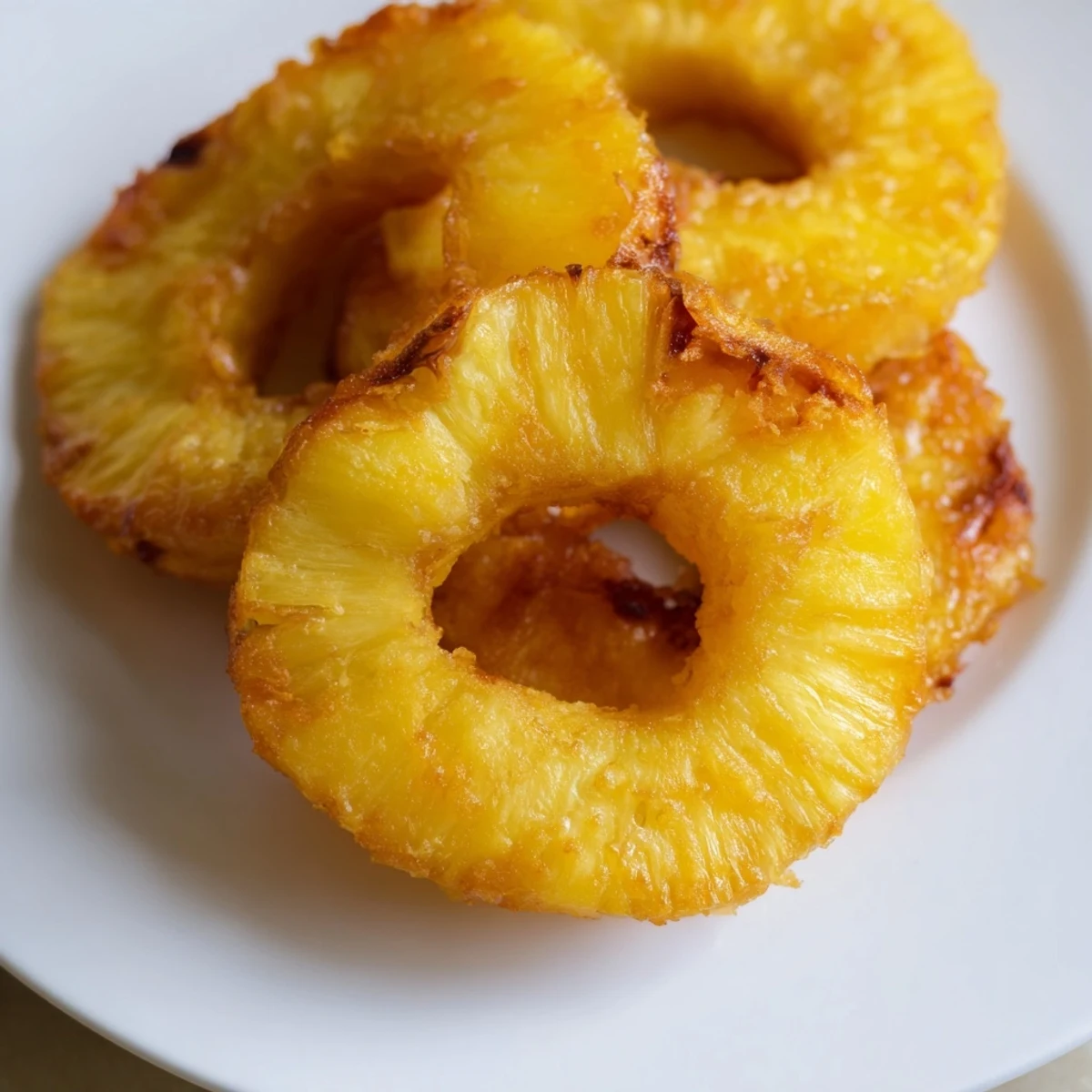 Fried Pineapple recipe creates juicy, golden rings lightly spiced with cinnamon and served with vanilla ice cream.
