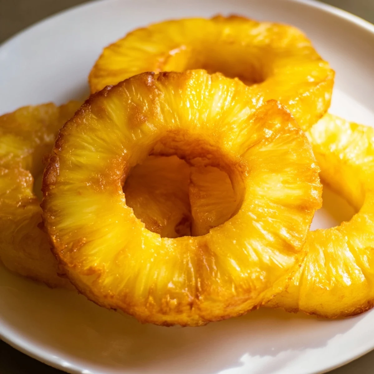Crispy Fried Pineapple stacked on a white plate, drizzled with maple syrup and garnished for a tropical dessert.