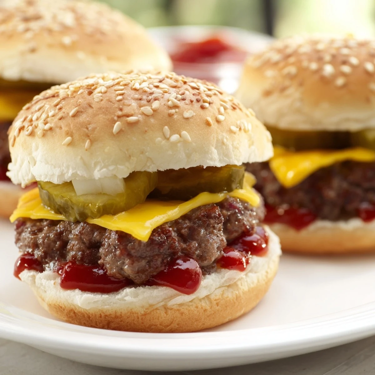 The White Trash Sliders are arranged on a wooden board with melted American cheese oozing over beef patties.