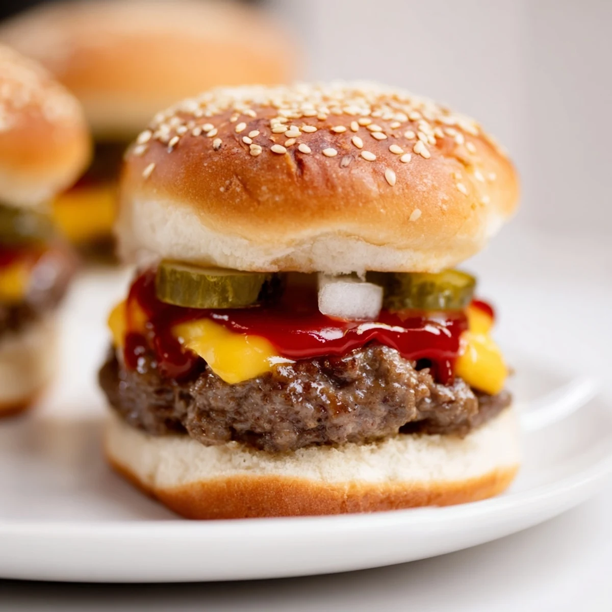 A close-up of White Trash Sliders shows juicy beef, melted cheese, and sesame seed buns on a parchment surface.