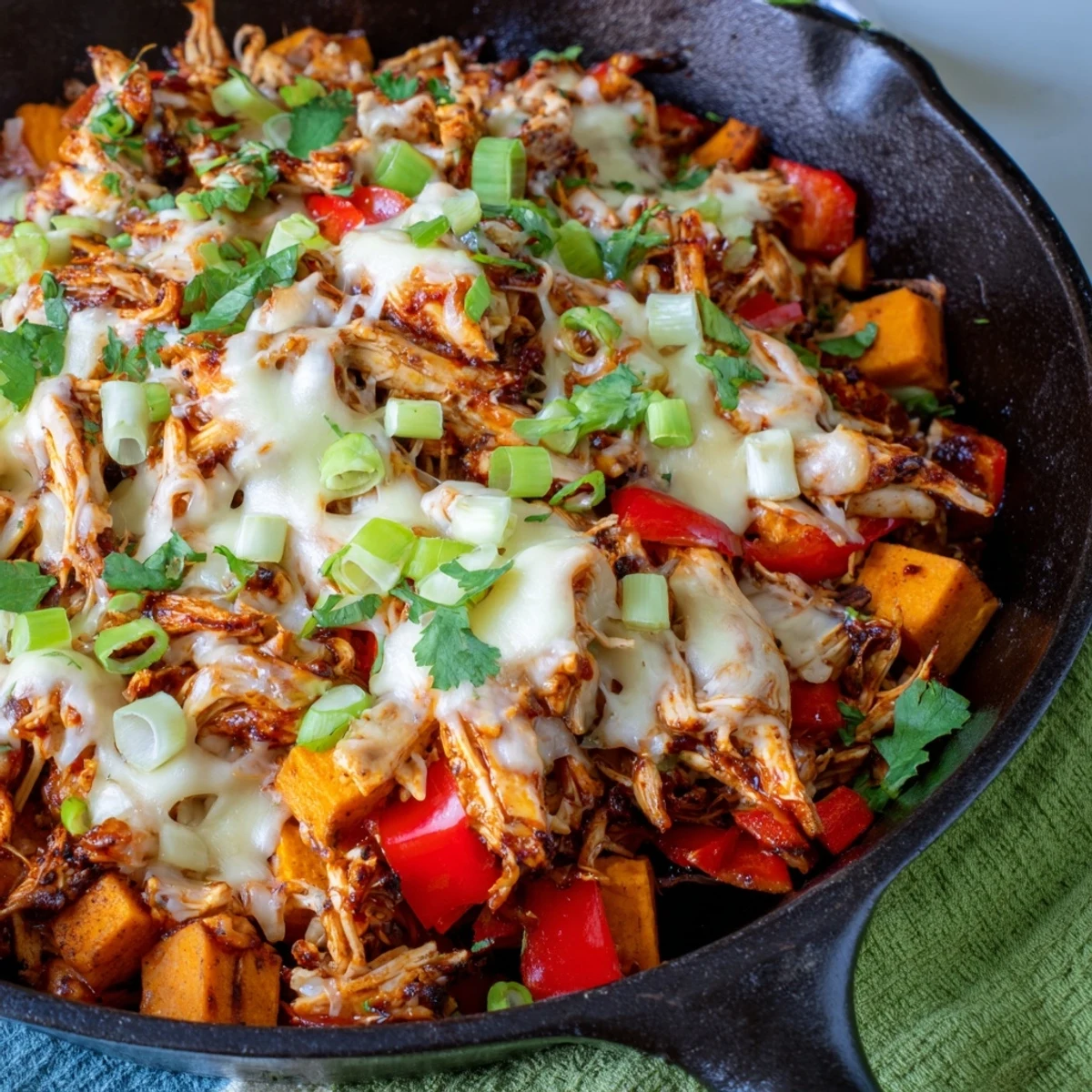Golden melted cheddar and mozzarella blanket smoky BBQ chicken nestled among tender sweet potatoes in a rustic skillet, ready to serve.
