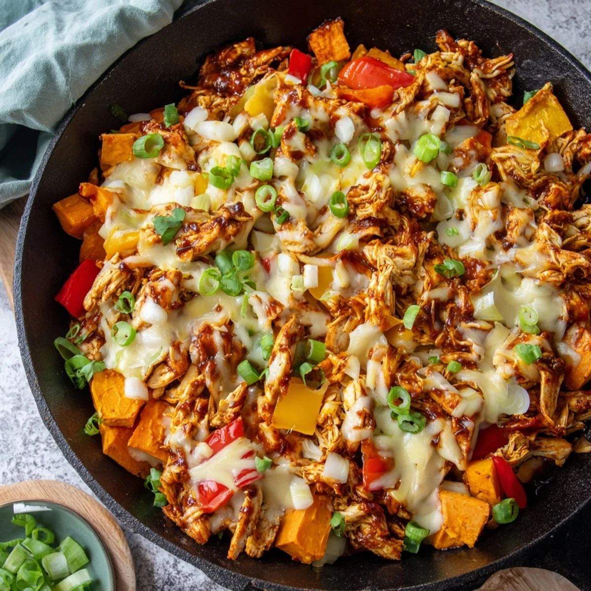 A hearty Sweet Potato Skillet with BBQ Chicken & Cheese showcases vibrant red onion and bell pepper in a one-pan dinner.