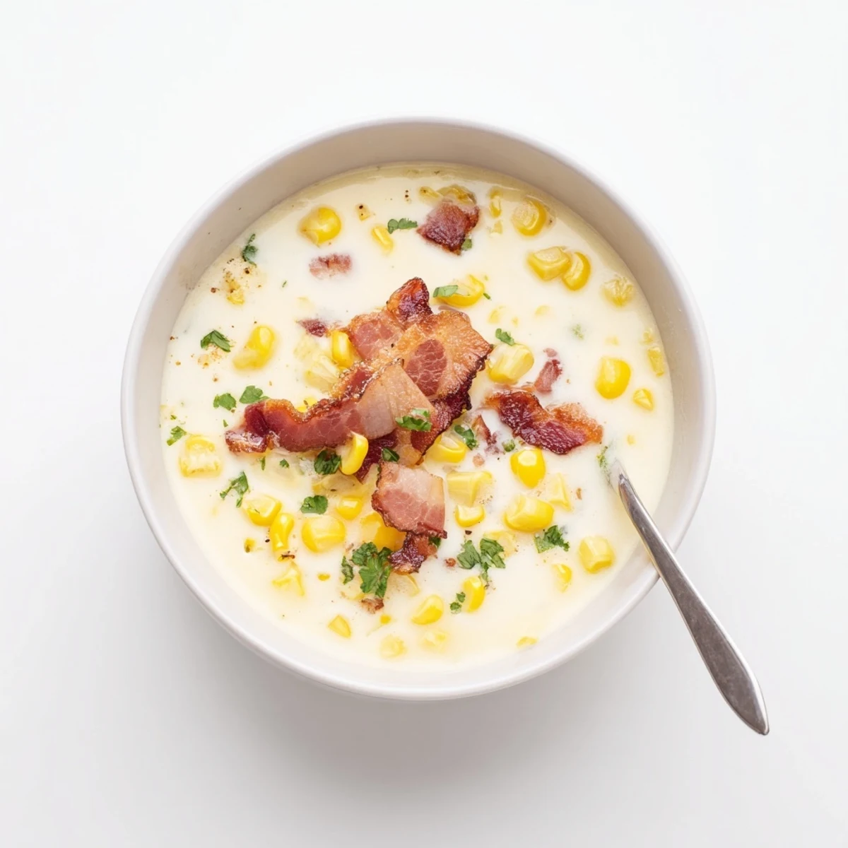 A steaming bowl of Hot Yoghurt Soup with Corn, Bacon, and Coriander garnished with crispy bits and fresh herbs.