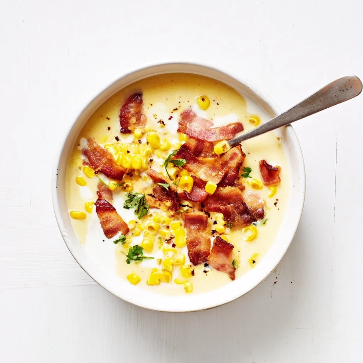 Close-up of Hot Yoghurt Soup with Corn, Bacon, and Coriander revealing golden corn kernels and smoky bacon pieces.