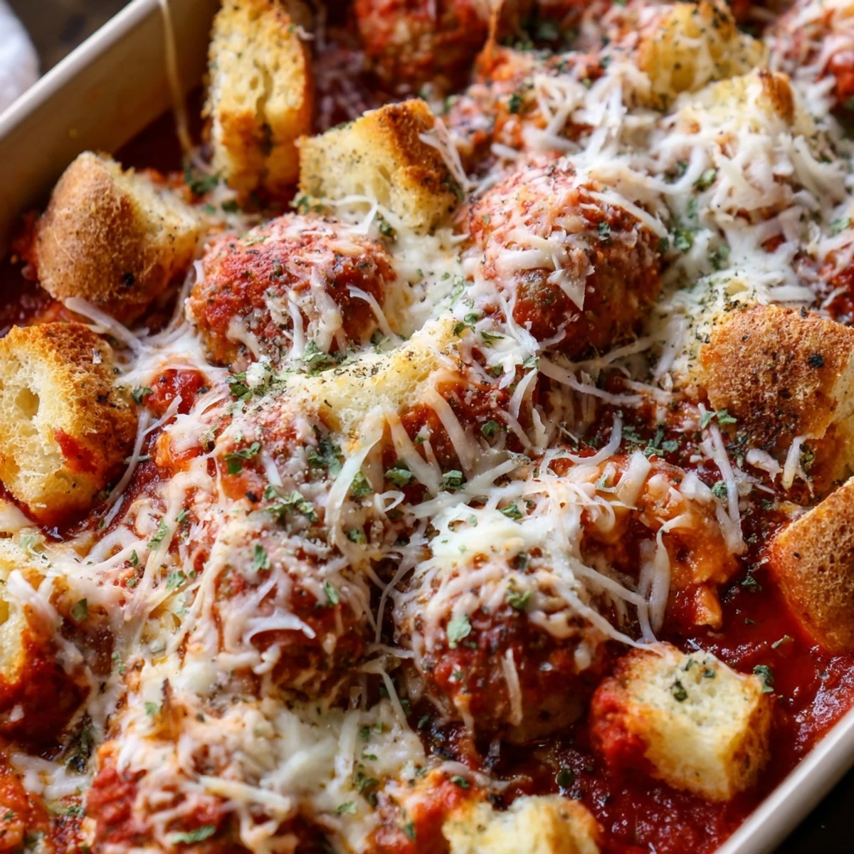 A close-up shows a serving of Turkey Meatball and Garlic Bread Bake on a plate, with marinara sauce visible.