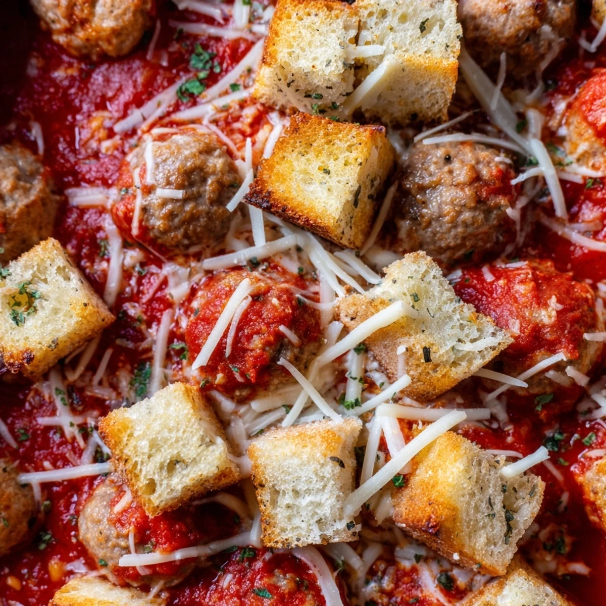 Fresh parsley garnishes a slice of Turkey Meatball and Garlic Bread Bake, revealing juicy turkey meatballs underneath.