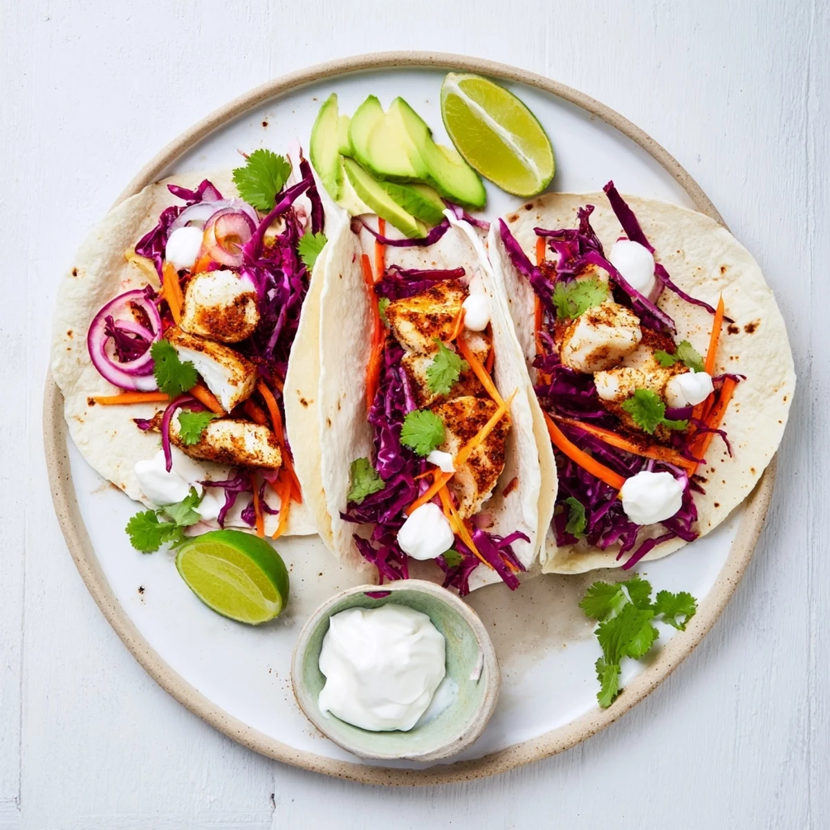 Freshly assembled Easy As Aussie Barra Tacos on a wooden board show flaky fish, creamy avocado, and a dollop of sour cream.